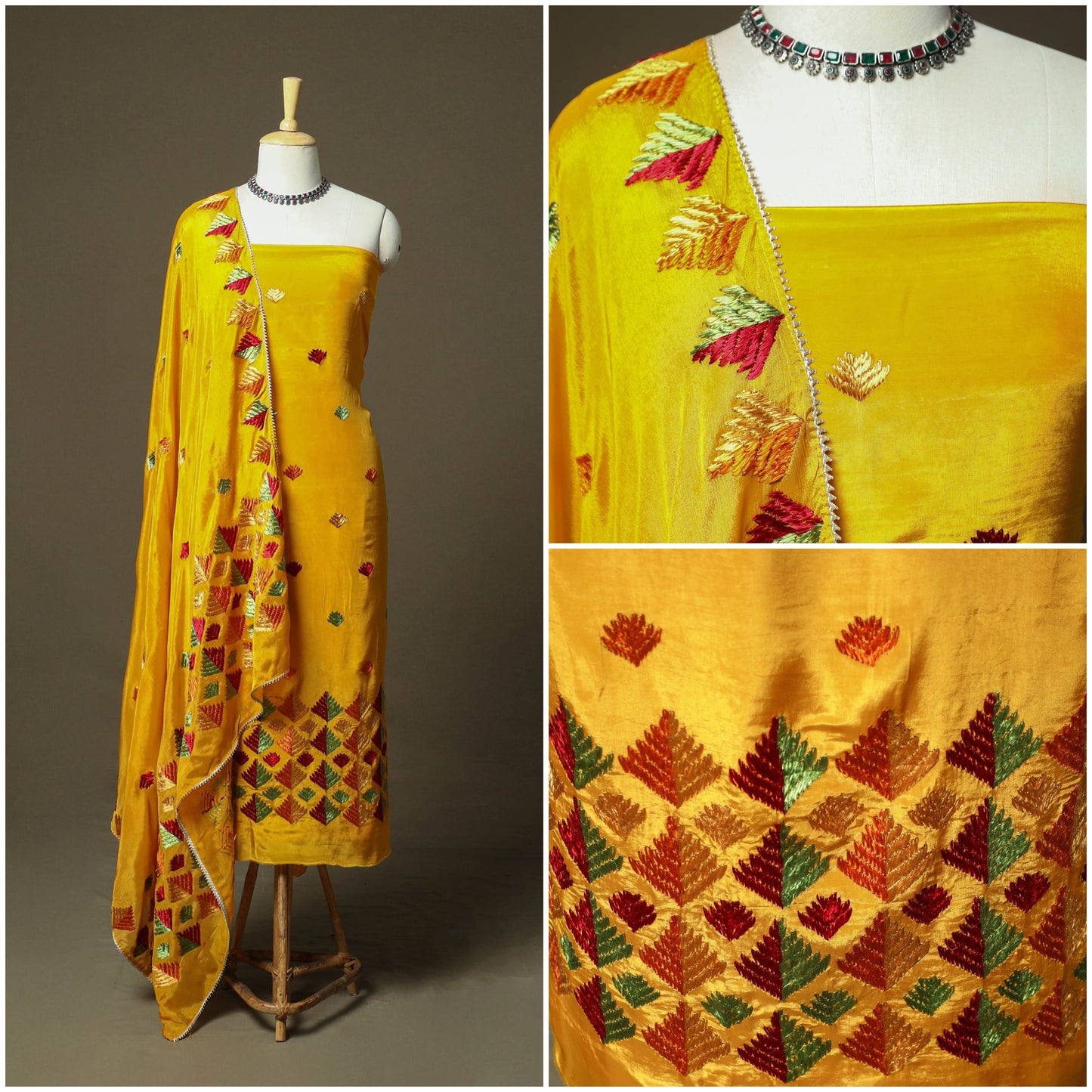 Phulkari hand embroidered crepe silk 3pc unstitched dress
