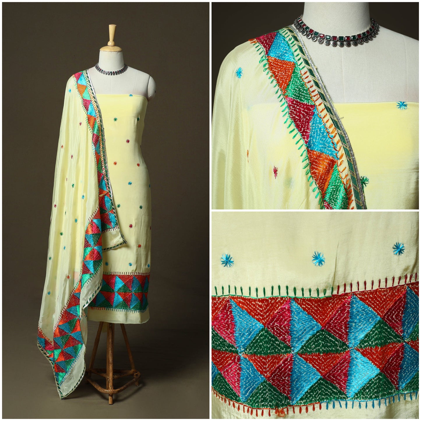 Phulkari hand embroidered crepe silk 3pc unstitched dress