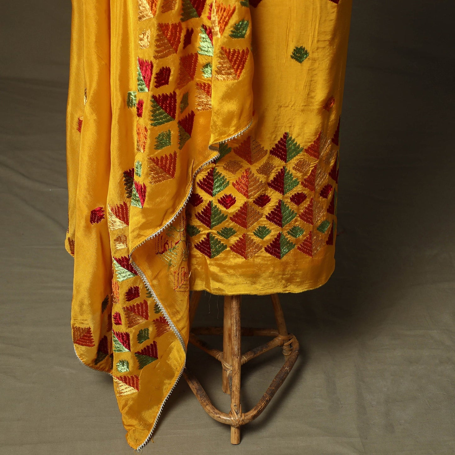 Phulkari hand embroidered crepe silk 3pc unstitched dress