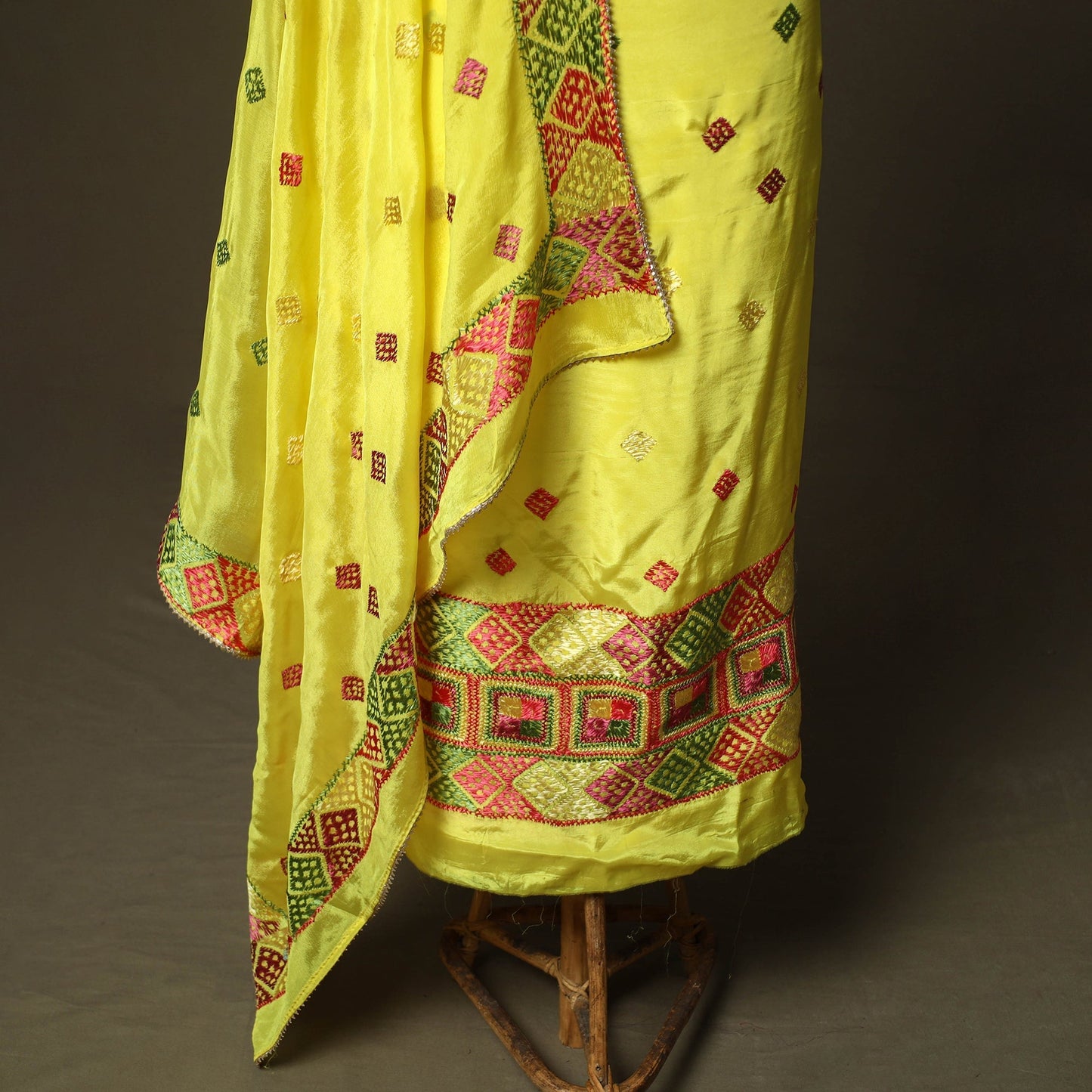 Phulkari hand embroidered crepe silk 3pc unstitched dress