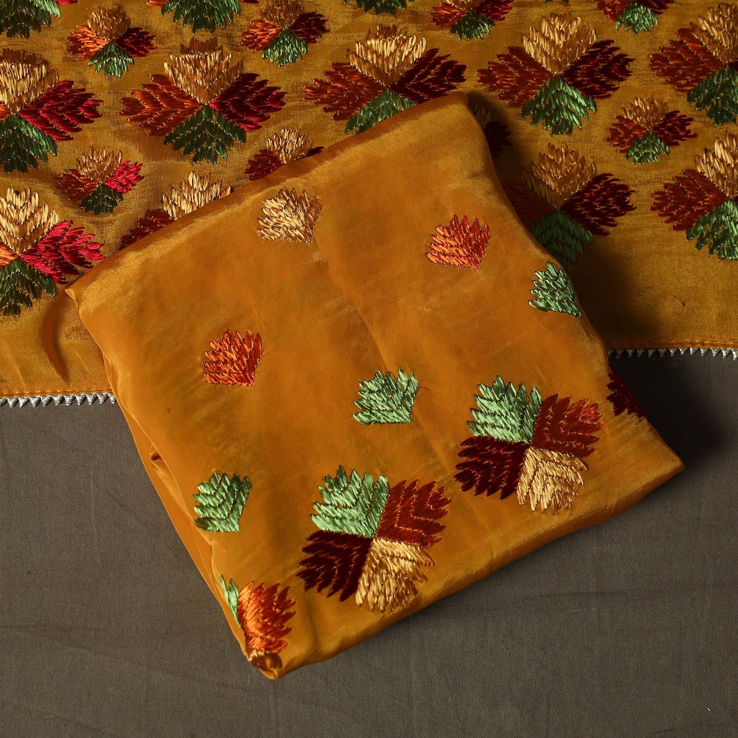 Phulkari hand embroidered crepe silk 3pc unstitched dress
