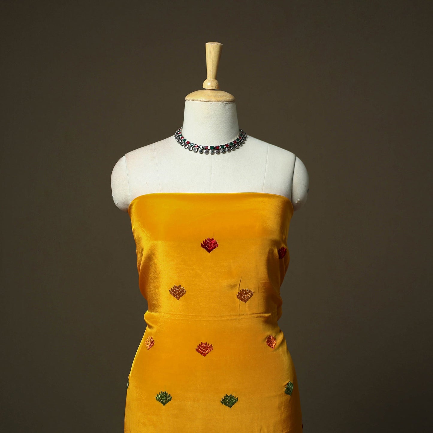 Phulkari hand embroidered crepe silk 3pc unstitched dress