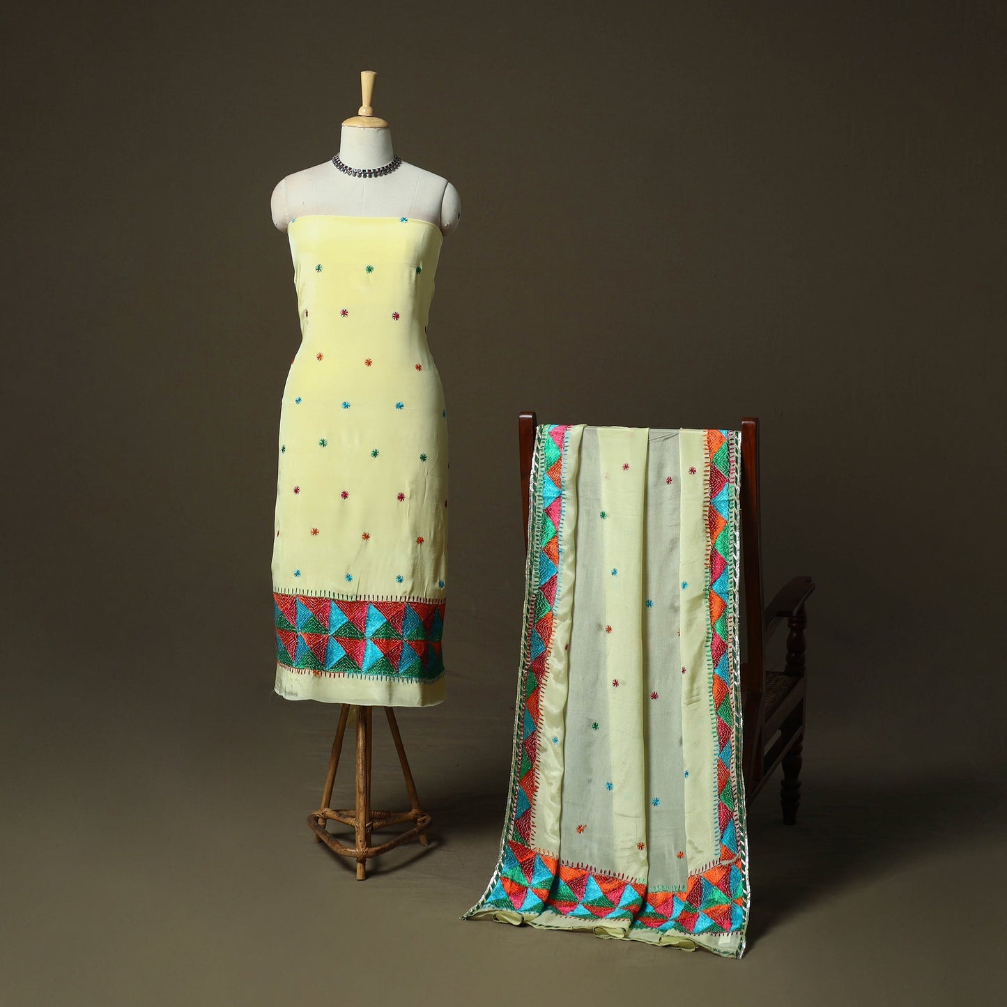 Phulkari hand embroidered crepe silk 3pc unstitched dress