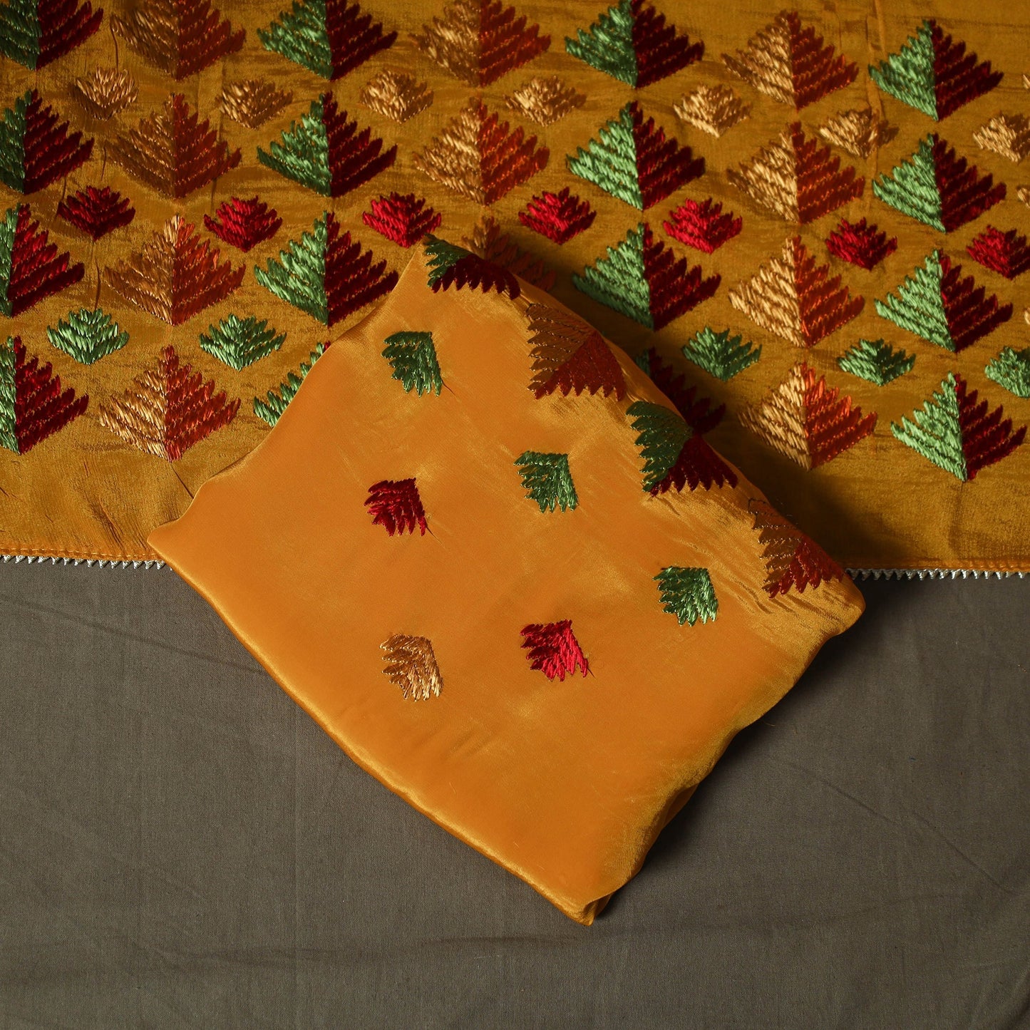 Phulkari hand embroidered crepe silk 3pc unstitched dress
