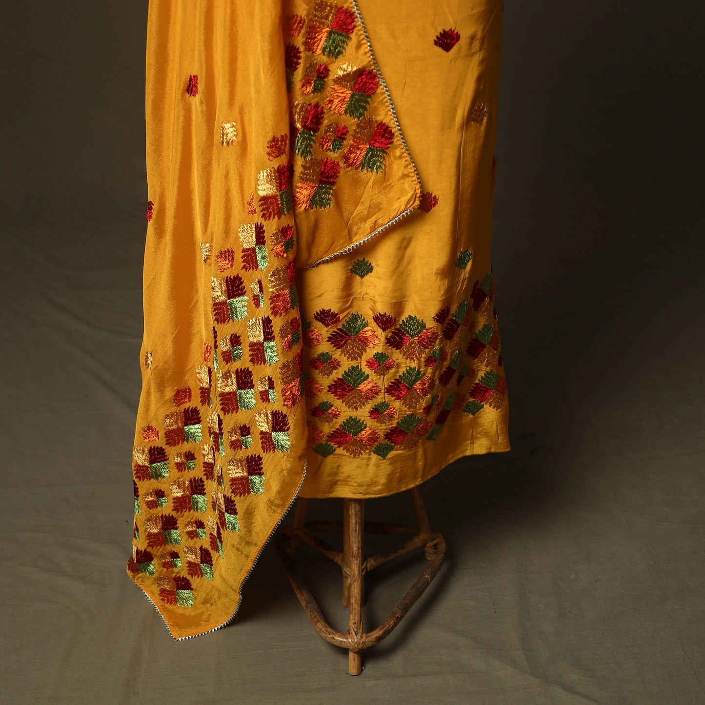 Phulkari hand embroidered crepe silk 3pc unstitched dress