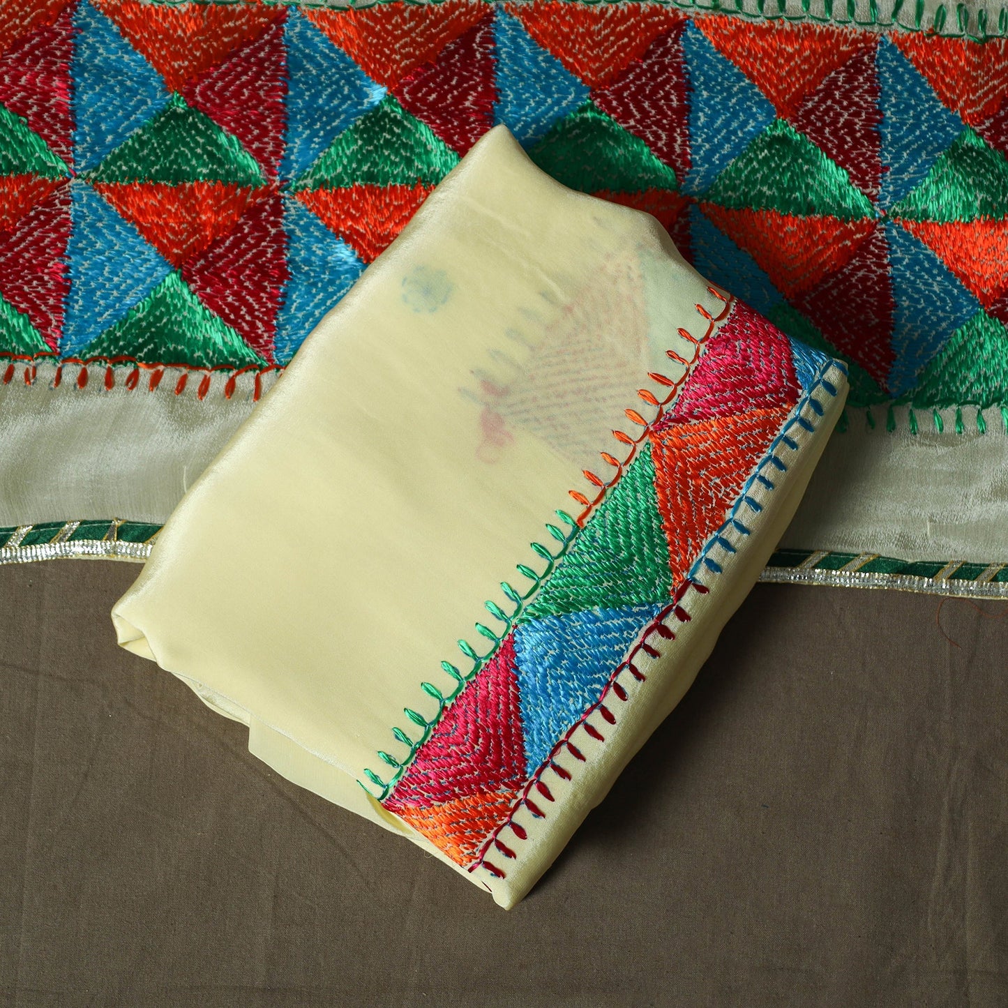 Phulkari hand embroidered crepe silk 3pc unstitched dress