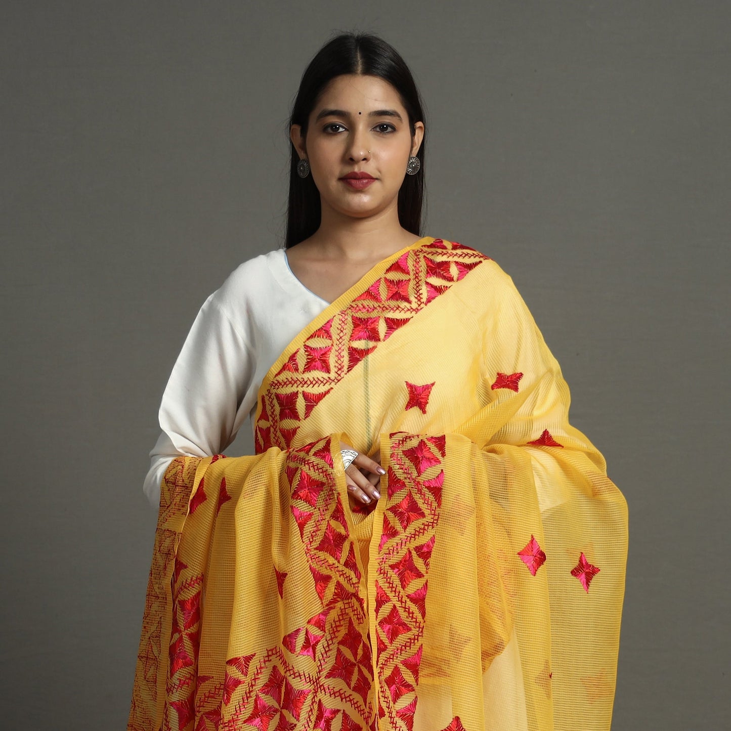 Phulkari Hand Embroidery Kota Doria Chanderi Silk Dupatta with Tassels 15