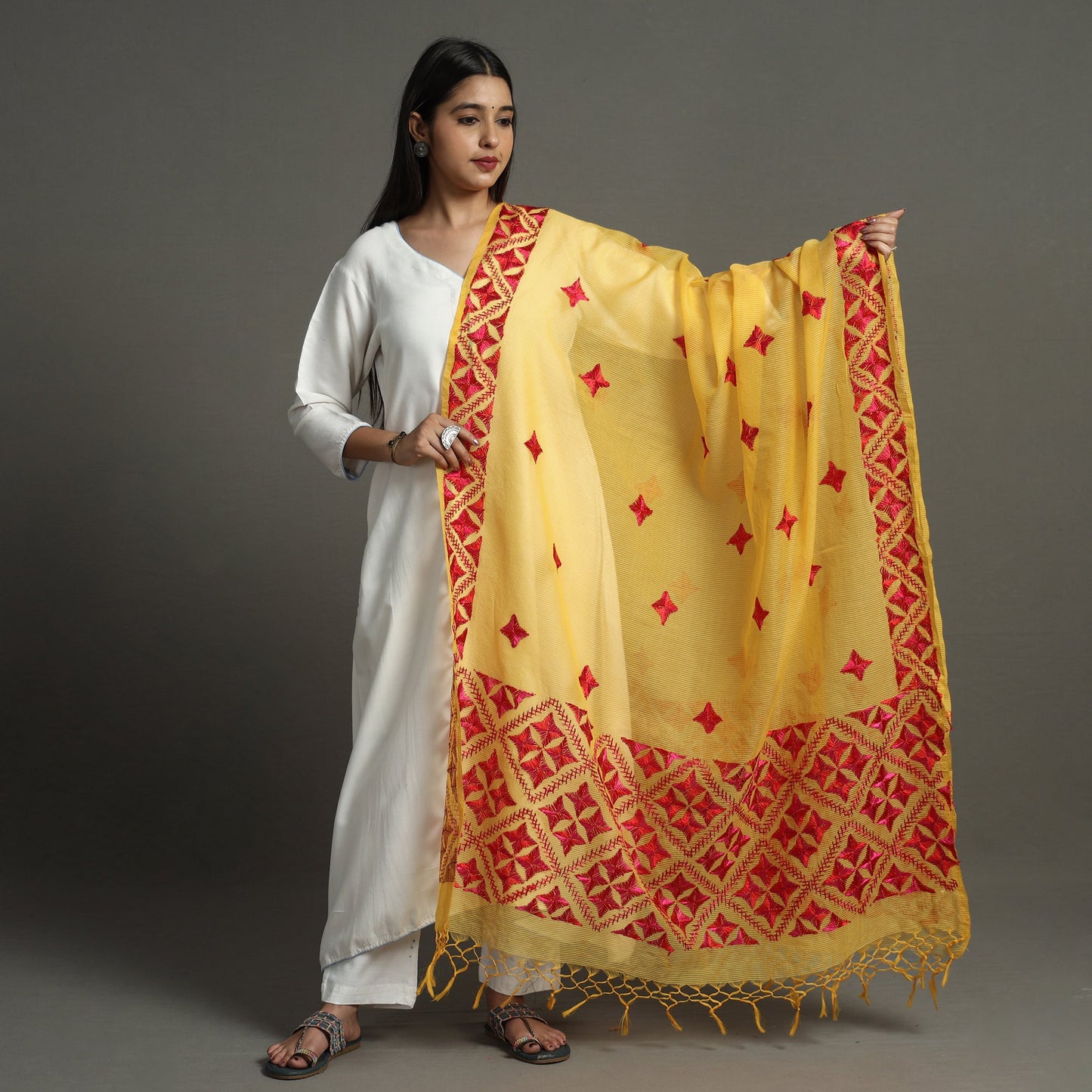 Phulkari Hand Embroidery Kota Doria Chanderi Silk Dupatta with Tassels 15
