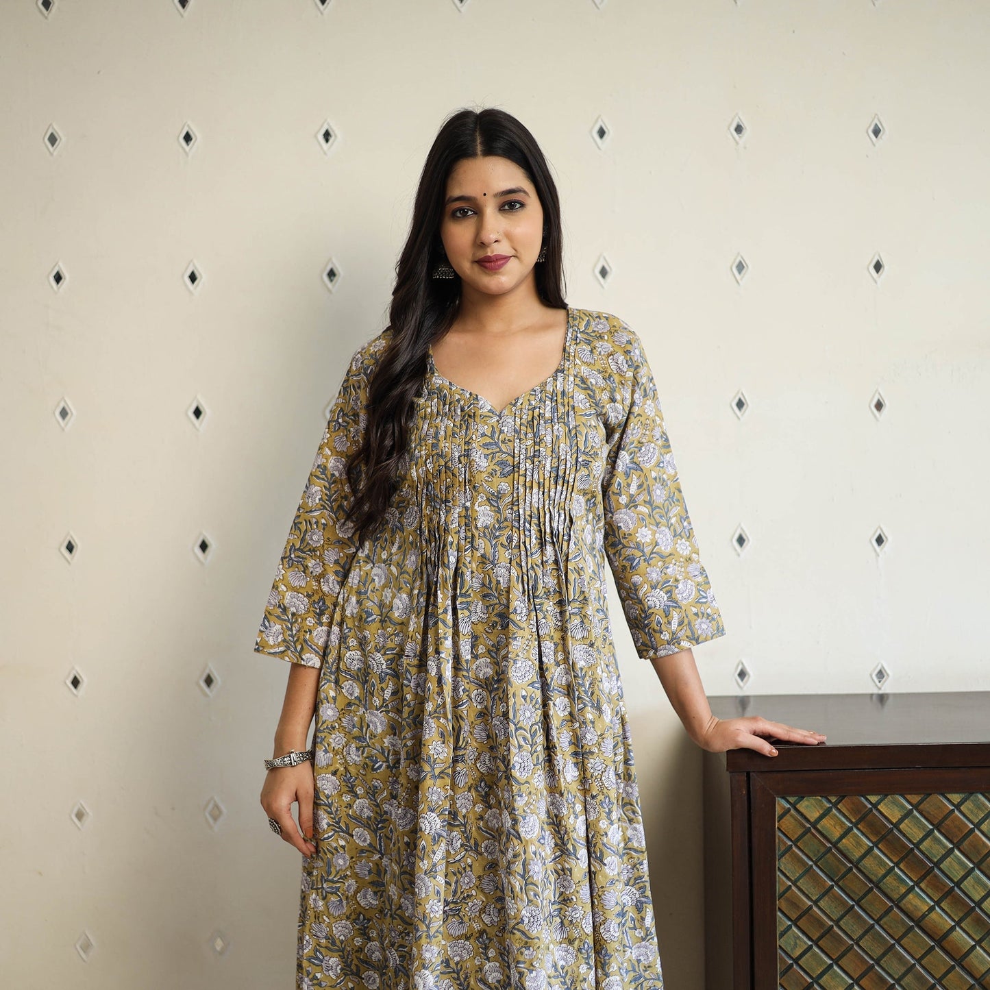 Yellow Pintuck Flared Cotton Block Print Sanganeri Kurta