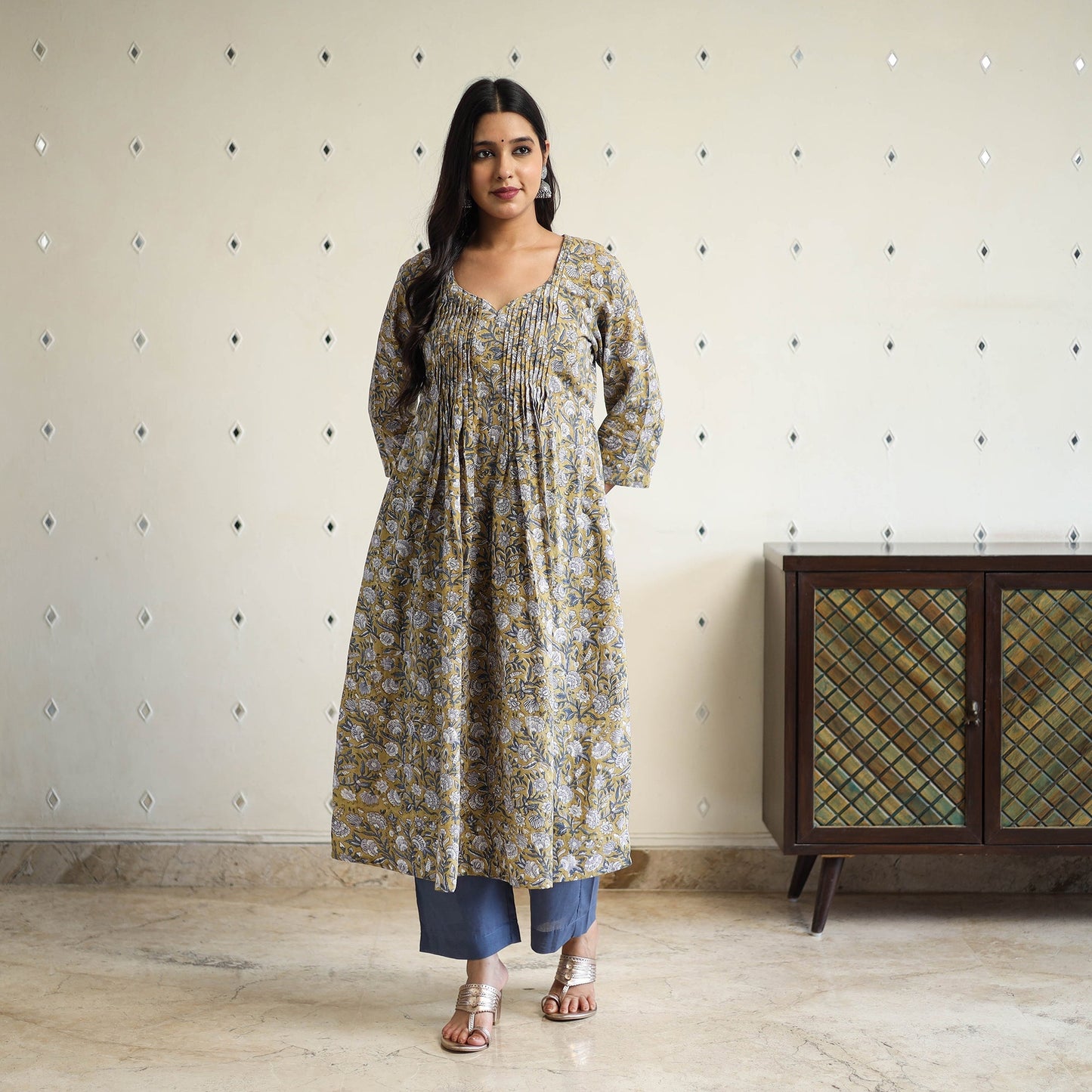 Yellow Pintuck Flared Cotton Block Print Sanganeri Kurta