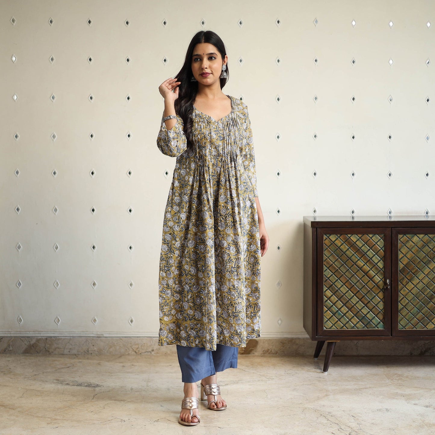 Yellow Pintuck Flared Cotton Block Print Sanganeri Kurta