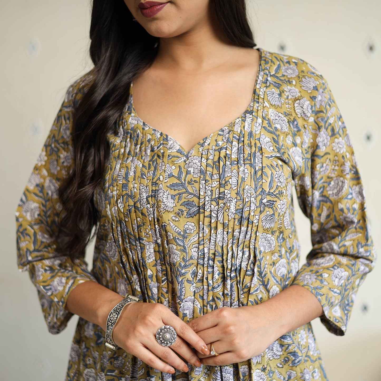 Yellow Pintuck Flared Cotton Block Print Sanganeri Kurta