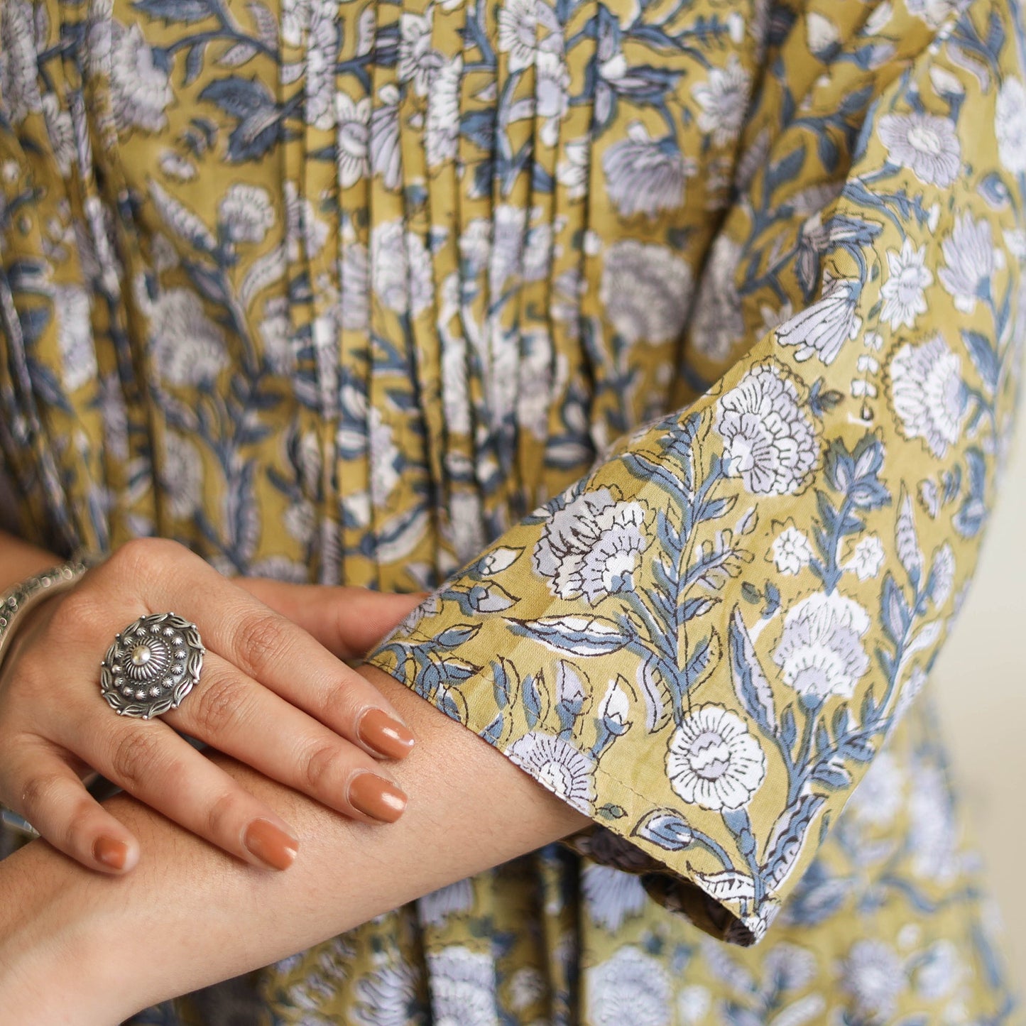 Yellow Pintuck Flared Cotton Block Print Sanganeri Kurta