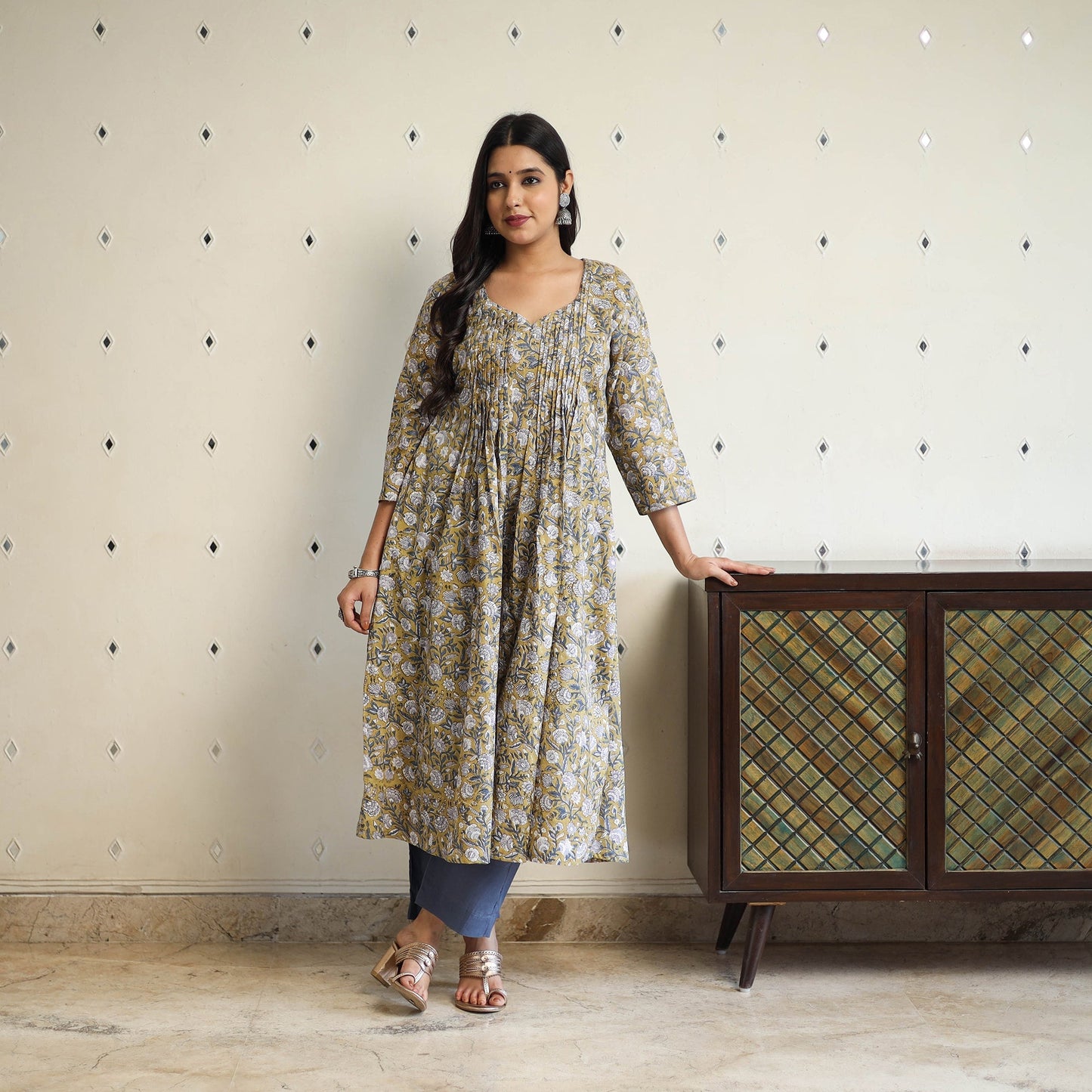 Yellow Pintuck Flared Cotton Block Print Sanganeri Kurta