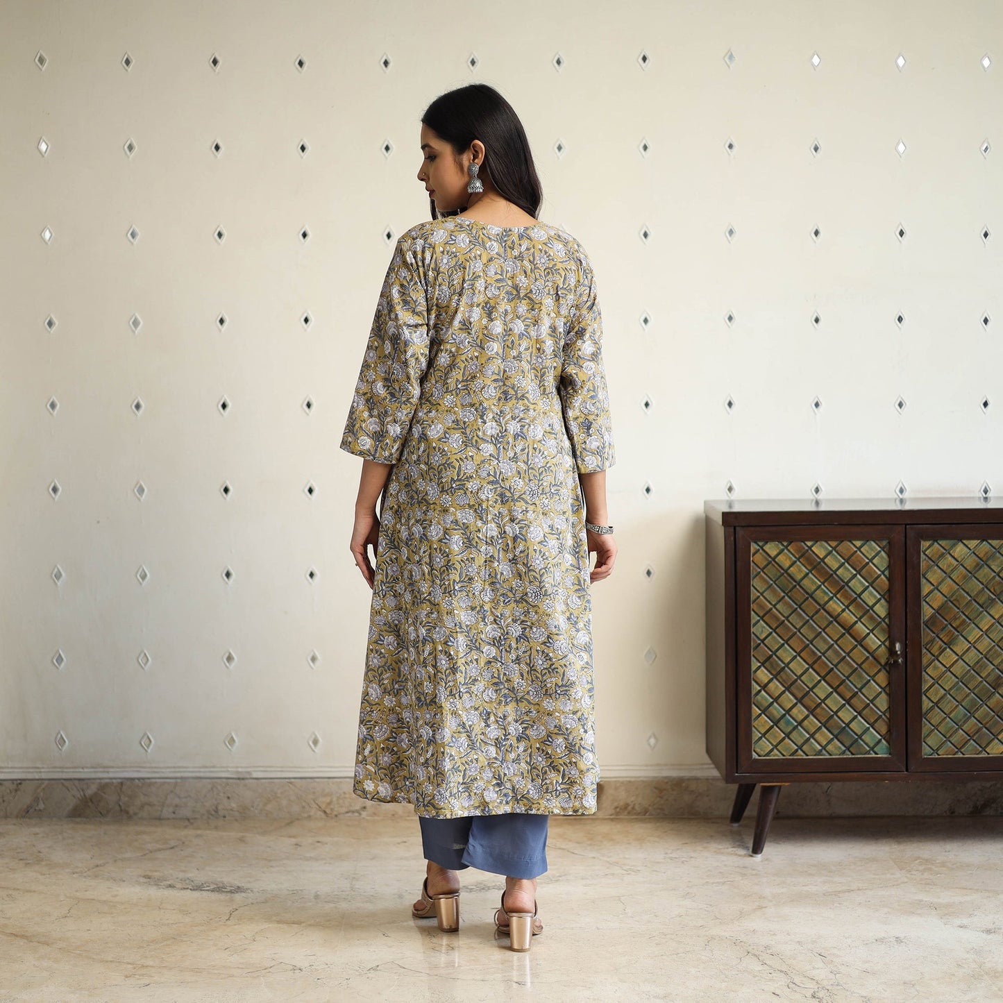 Yellow Pintuck Flared Cotton Block Print Sanganeri Kurta
