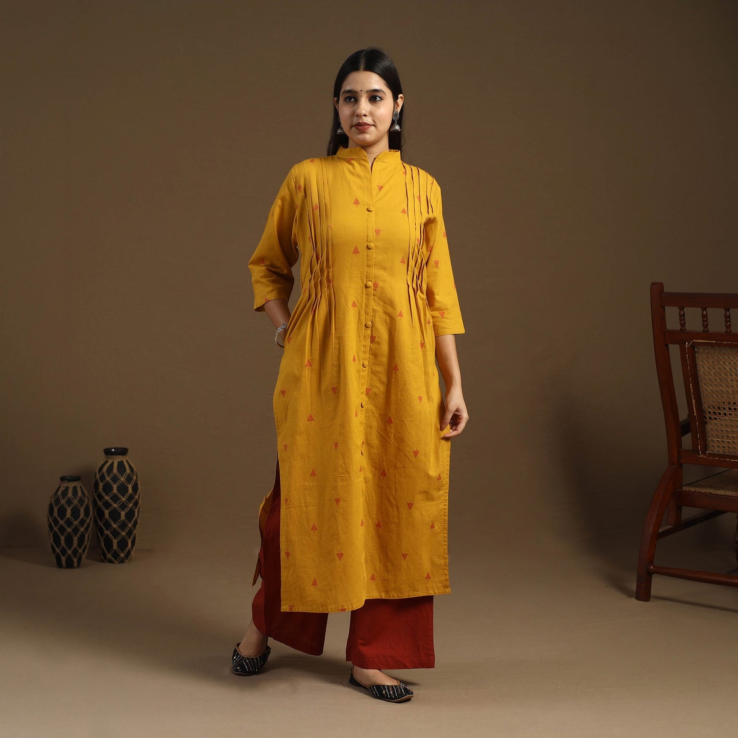 Pintuck Straight Cotton Jacquard Kurta for Women