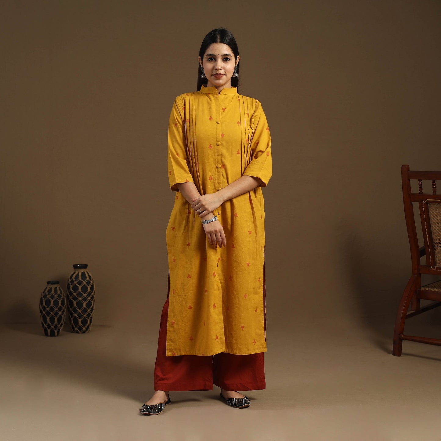 Pintuck Straight Cotton Jacquard Kurta for Women