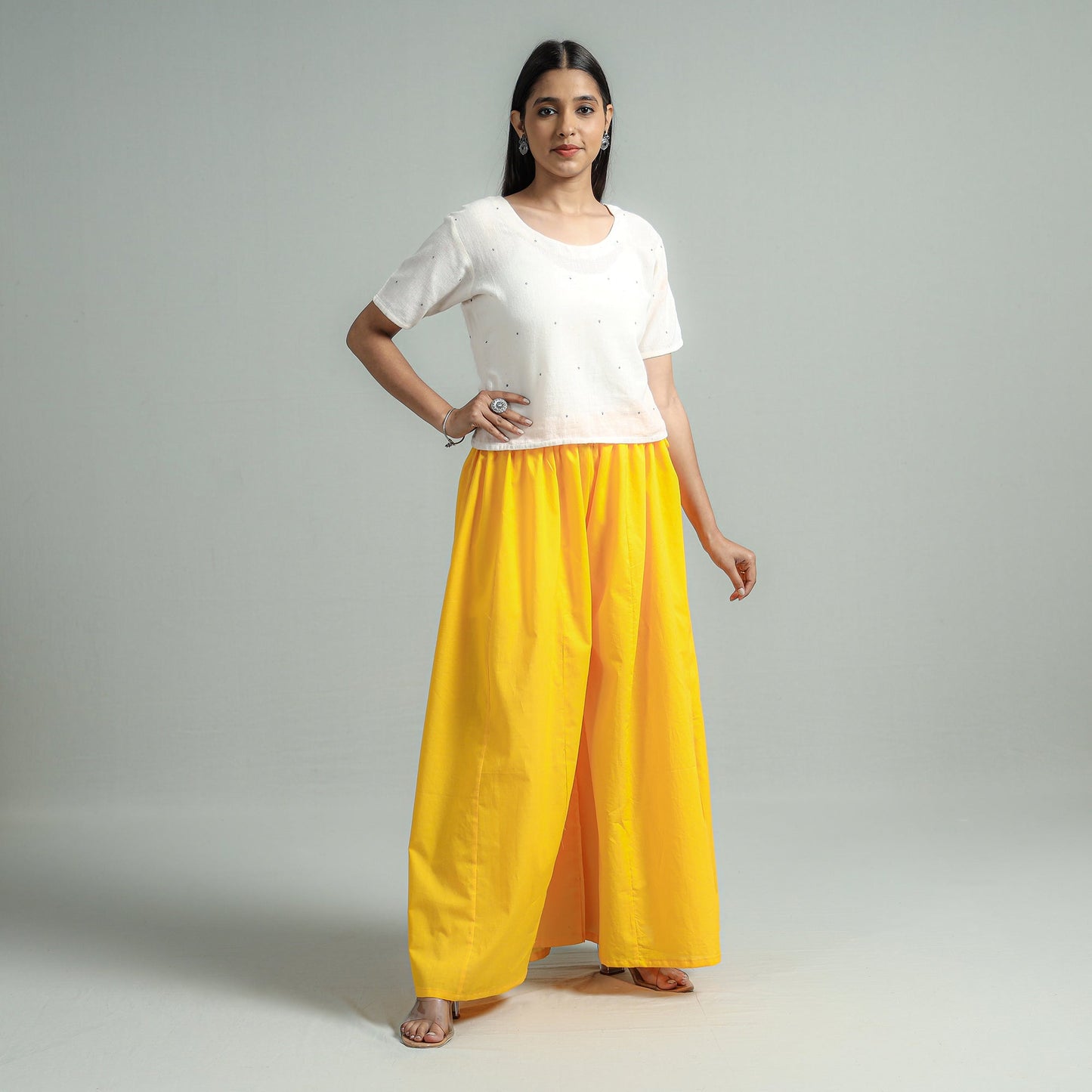 Yellow Plain Dyed Cotton Flared Palazzo