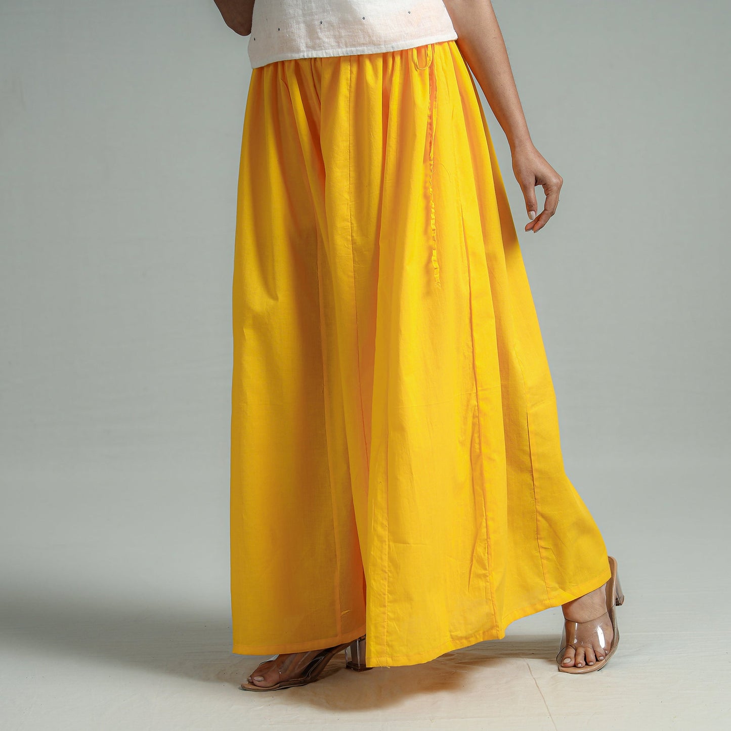 Yellow Plain Dyed Cotton Flared Palazzo