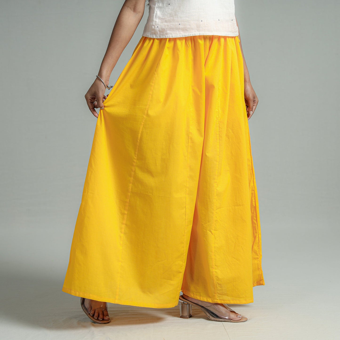 Yellow Plain Dyed Cotton Flared Palazzo