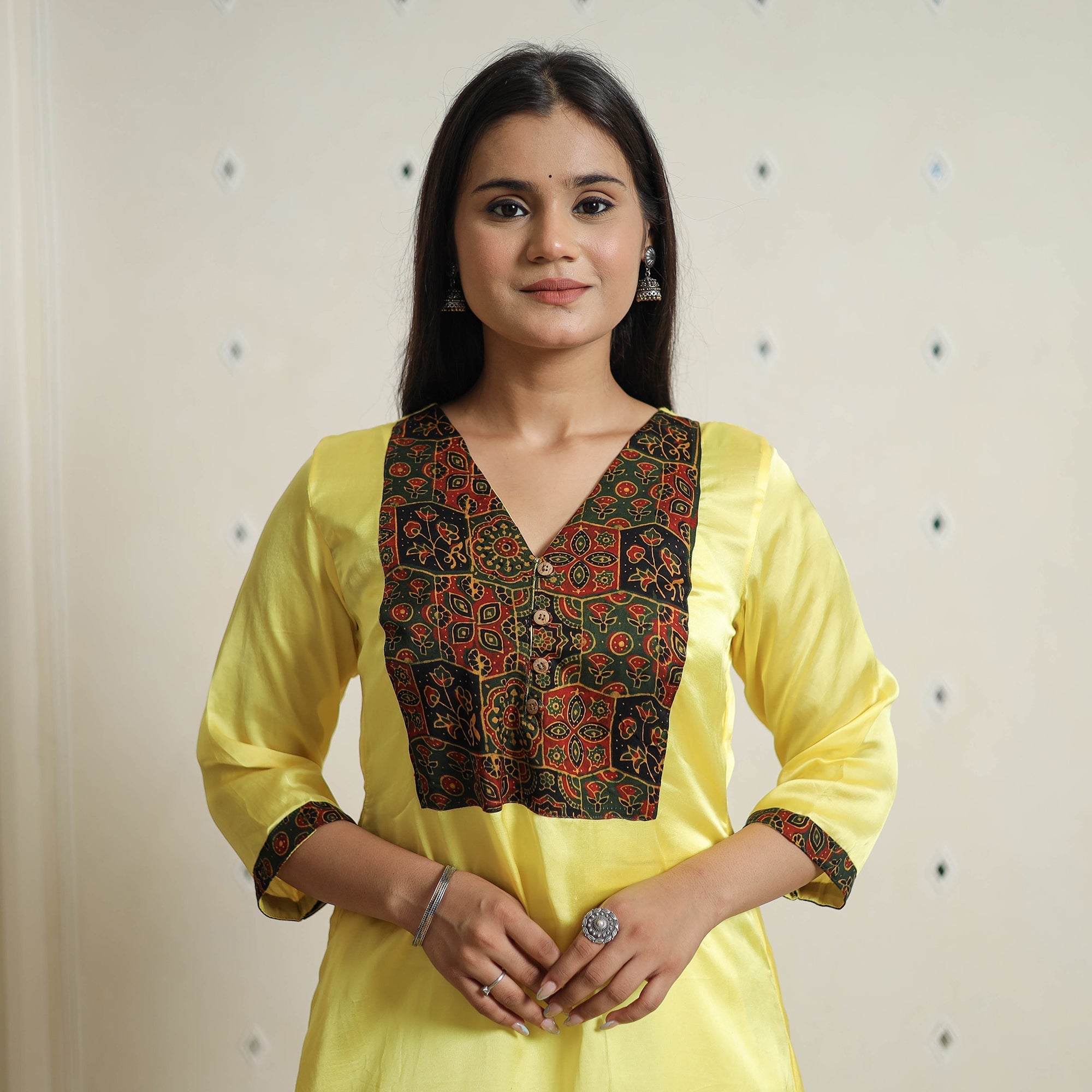 Yellow - Plain Modal Silk A-Line Long Kurta with Ajrakh Patchwork 09