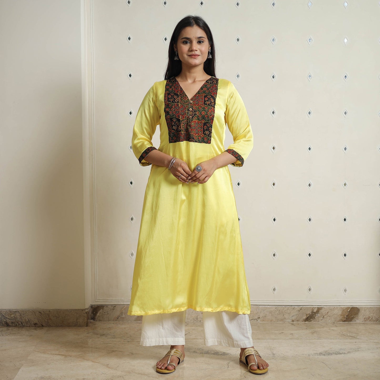 Plain Modal Silk A-Line Kurta with Ajrakh Patchwork 09