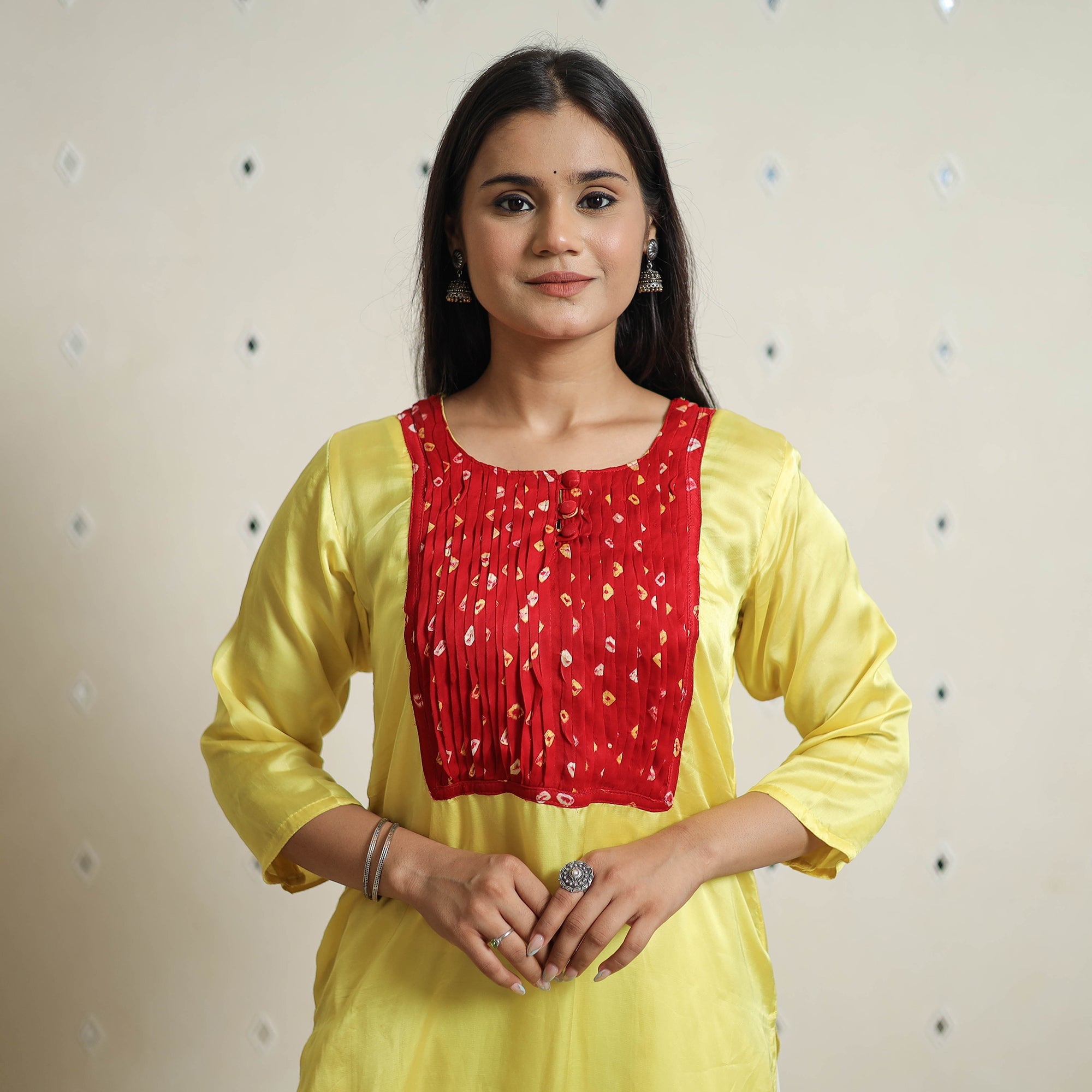 Yellow - Plain Modal Silk Straight Long Kurta with Bandhani Pintuck Patchwork 02
