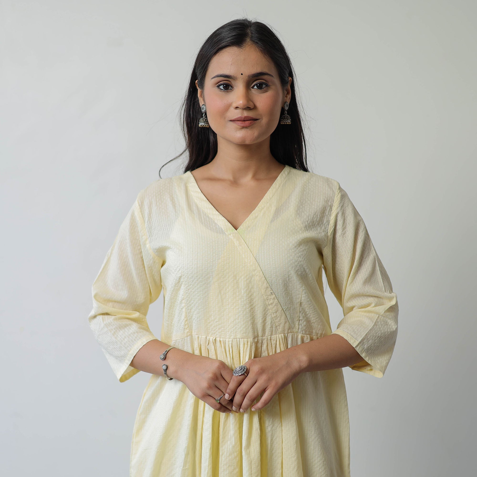 Yellow - Plain Running Stitch Cotton A-Line Long Kurta 01