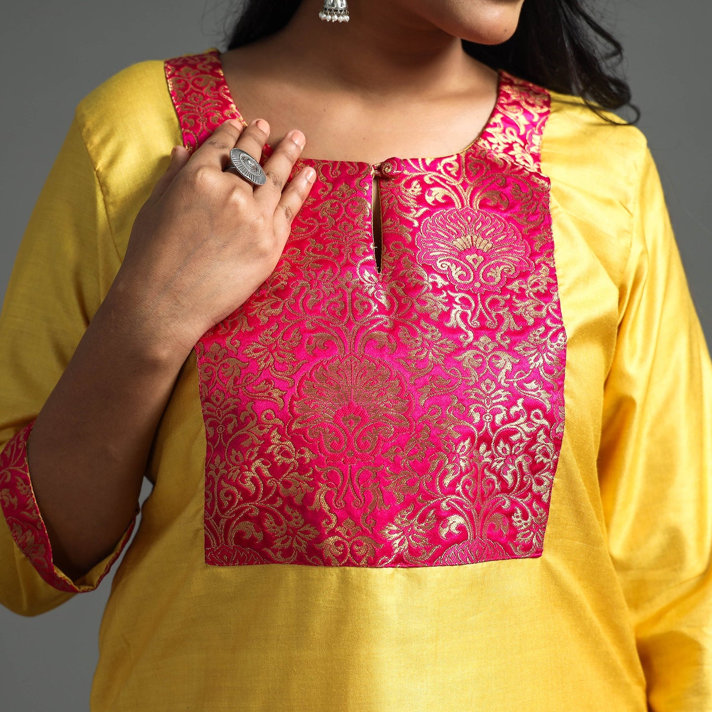 Yellow - Plain Tussar Silk Handloom Banarasi Patchwork Straight Kurta