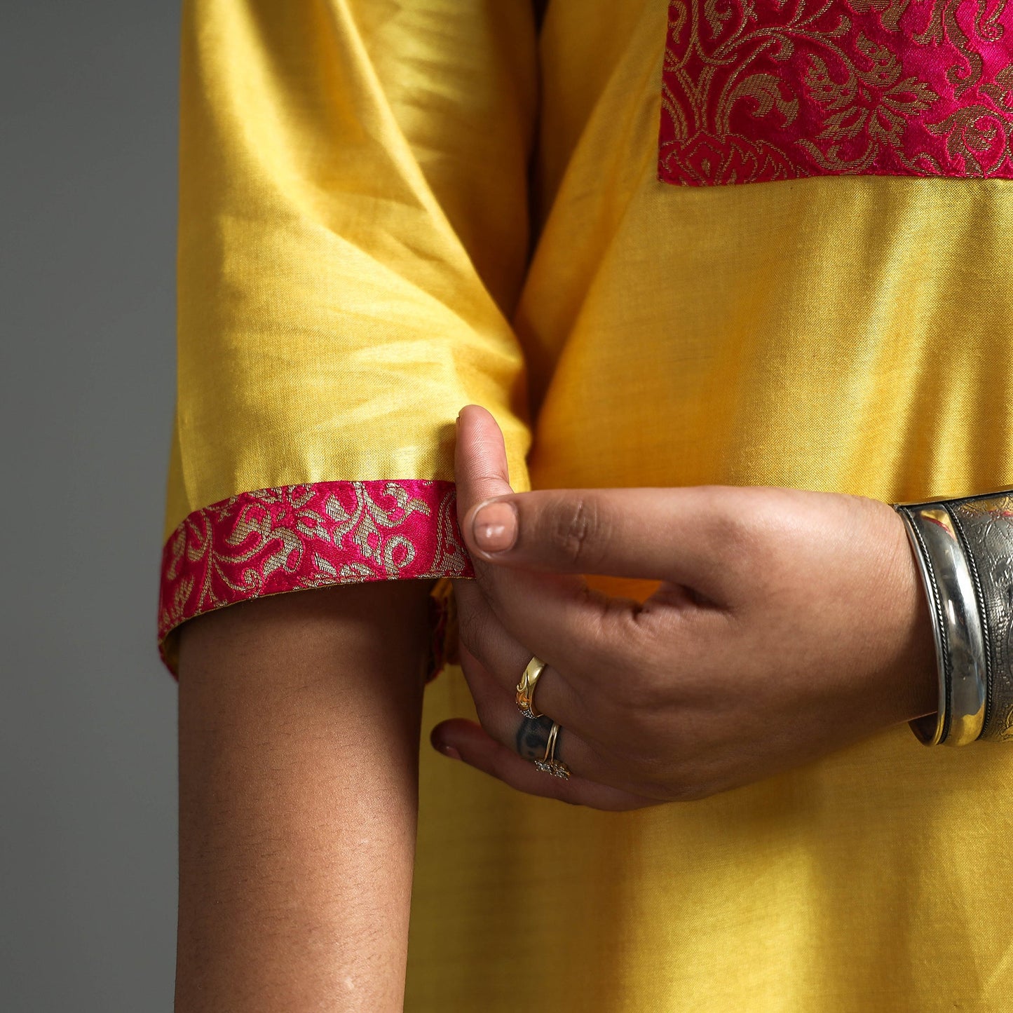 Yellow - Plain Tussar Silk Handloom Banarasi Patchwork Straight Kurta