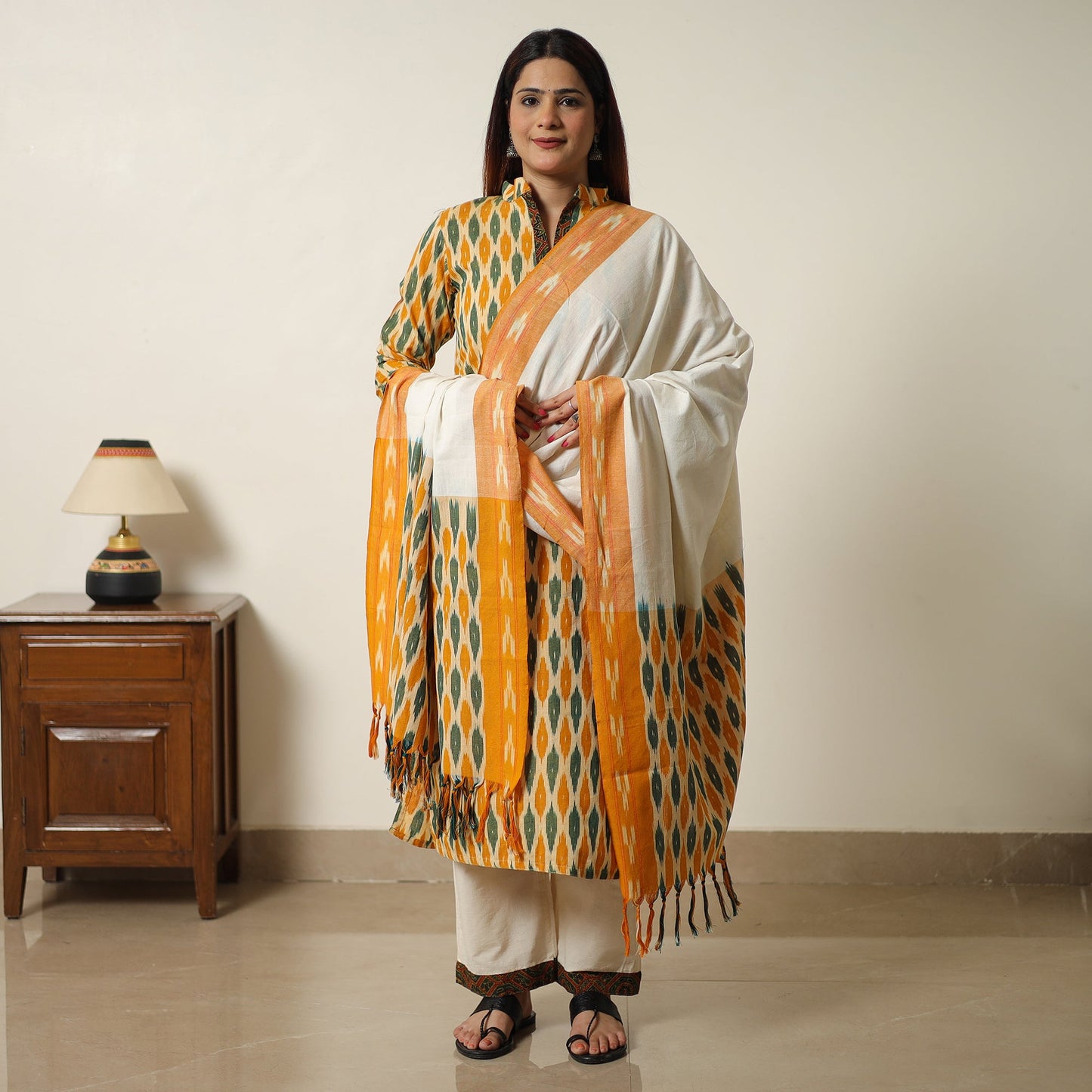 Pochampally Ikat Weave Cotton Kurta with Palazzo & Dupatta Set 05 Online l iTokri.com