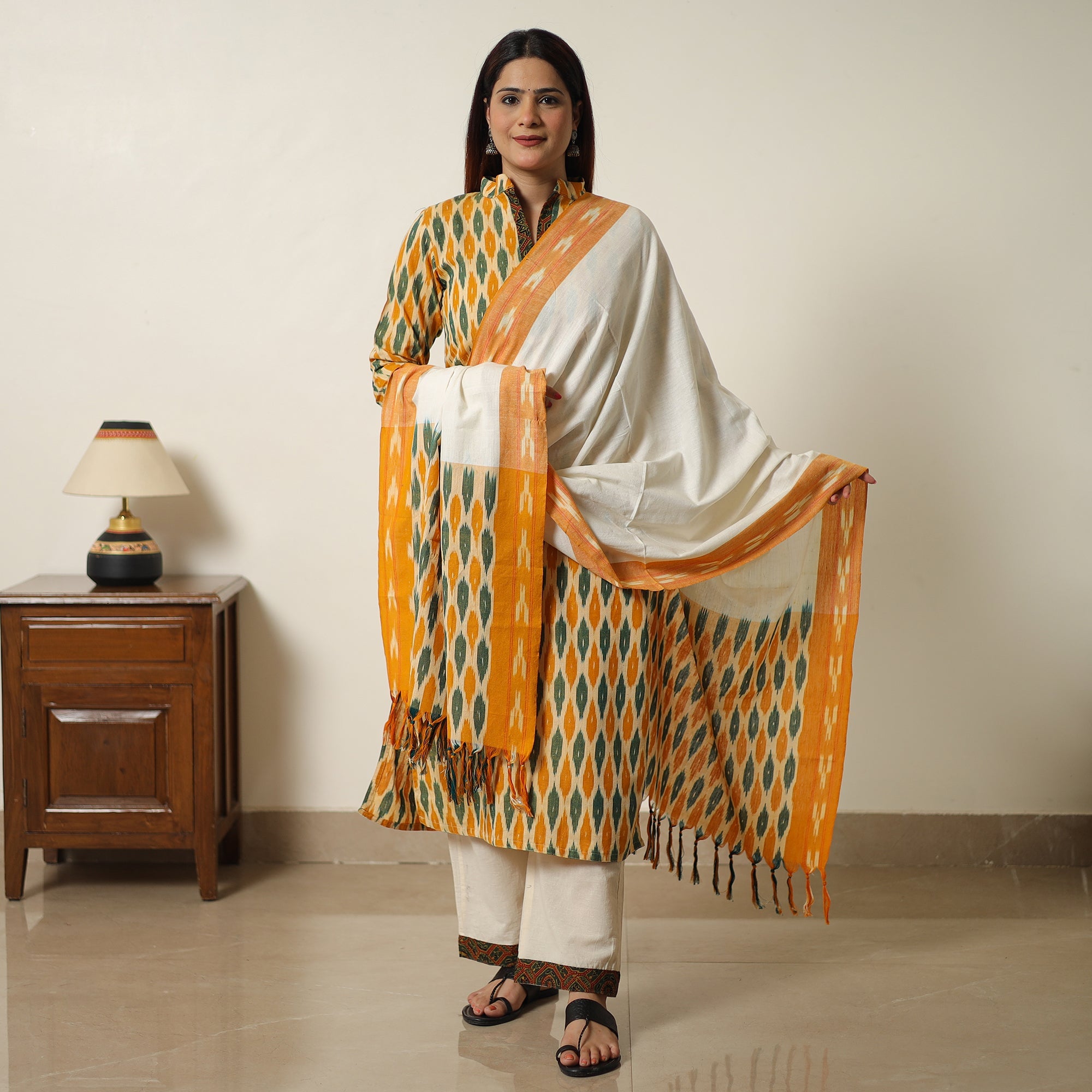 Pochampally Ikat Cotton Kurta with Palazzo & Dupatta Set