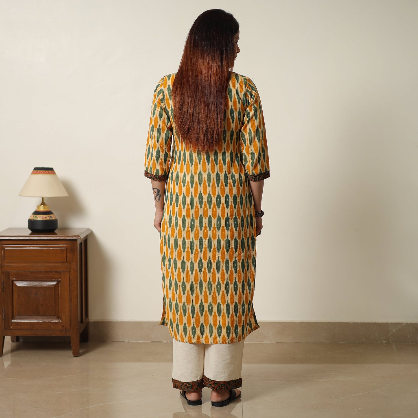 Pochampally Ikat Weave Cotton Kurta with Palazzo & Dupatta Set 05 Online l iTokri.com