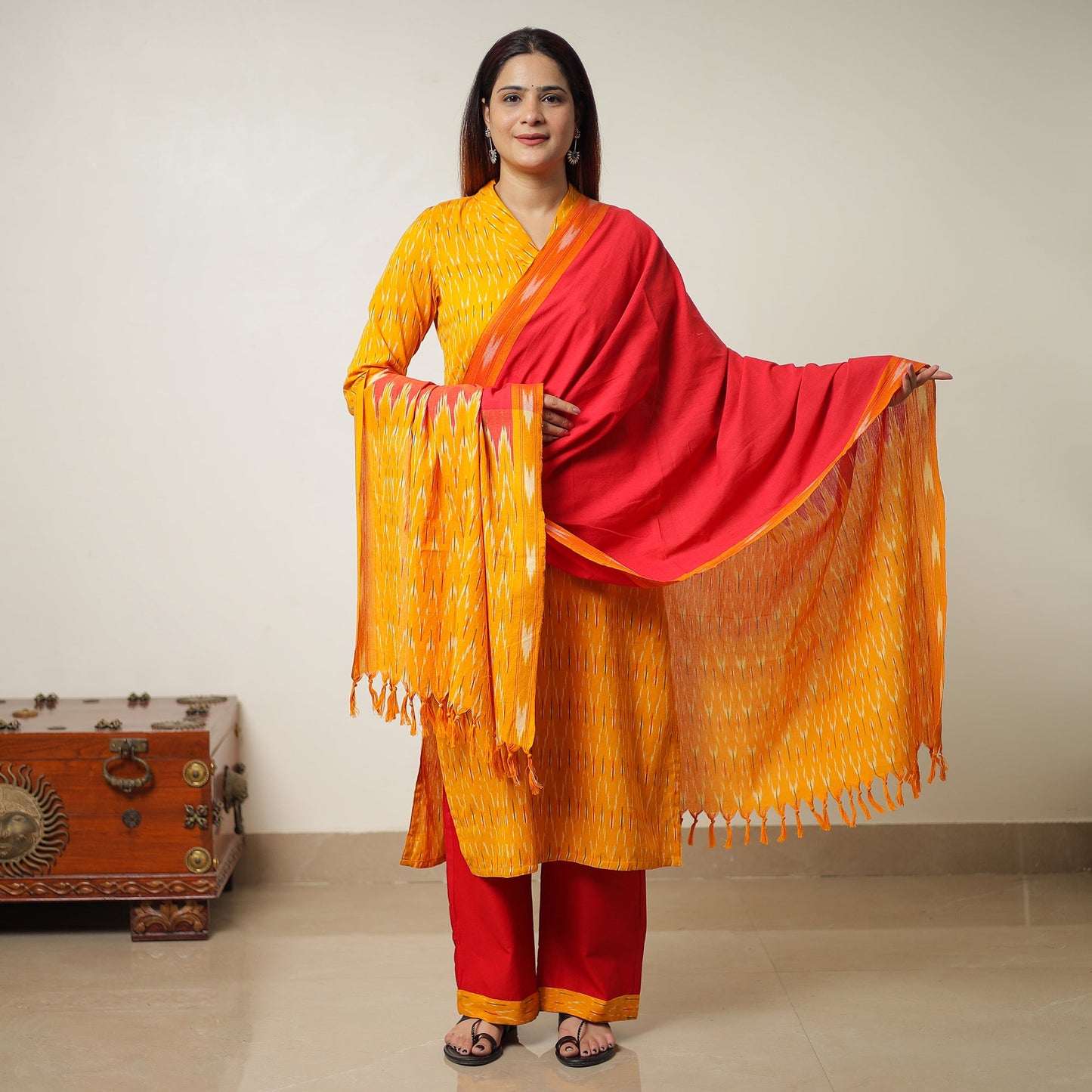Pochampally Ikat Weave Cotton Kurta with Palazzo & Dupatta Set 01