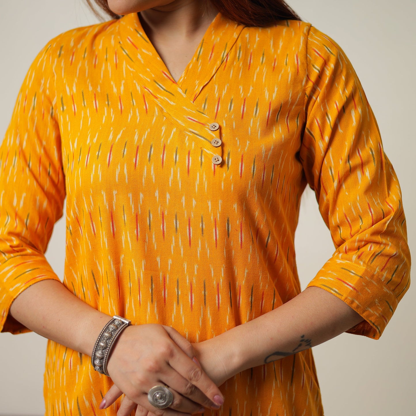 Pochampally Ikat Weave Cotton Kurta with Palazzo & Dupatta Set 01