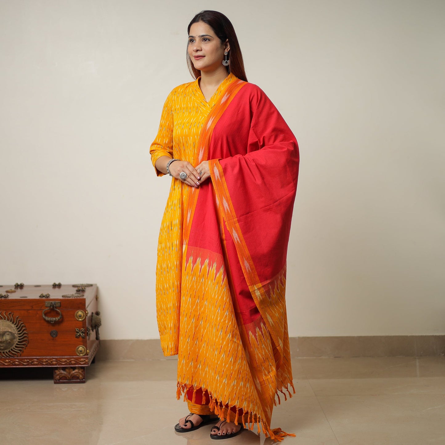 Pochampally Ikat Weave Cotton Kurta with Palazzo & Dupatta Set 01