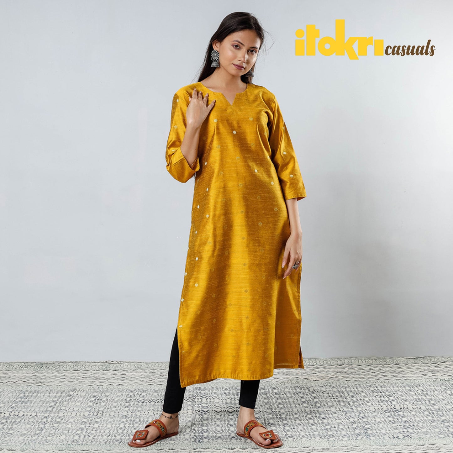 Polka Zari Butta Spun Dupion Silk Long Kurta for Women