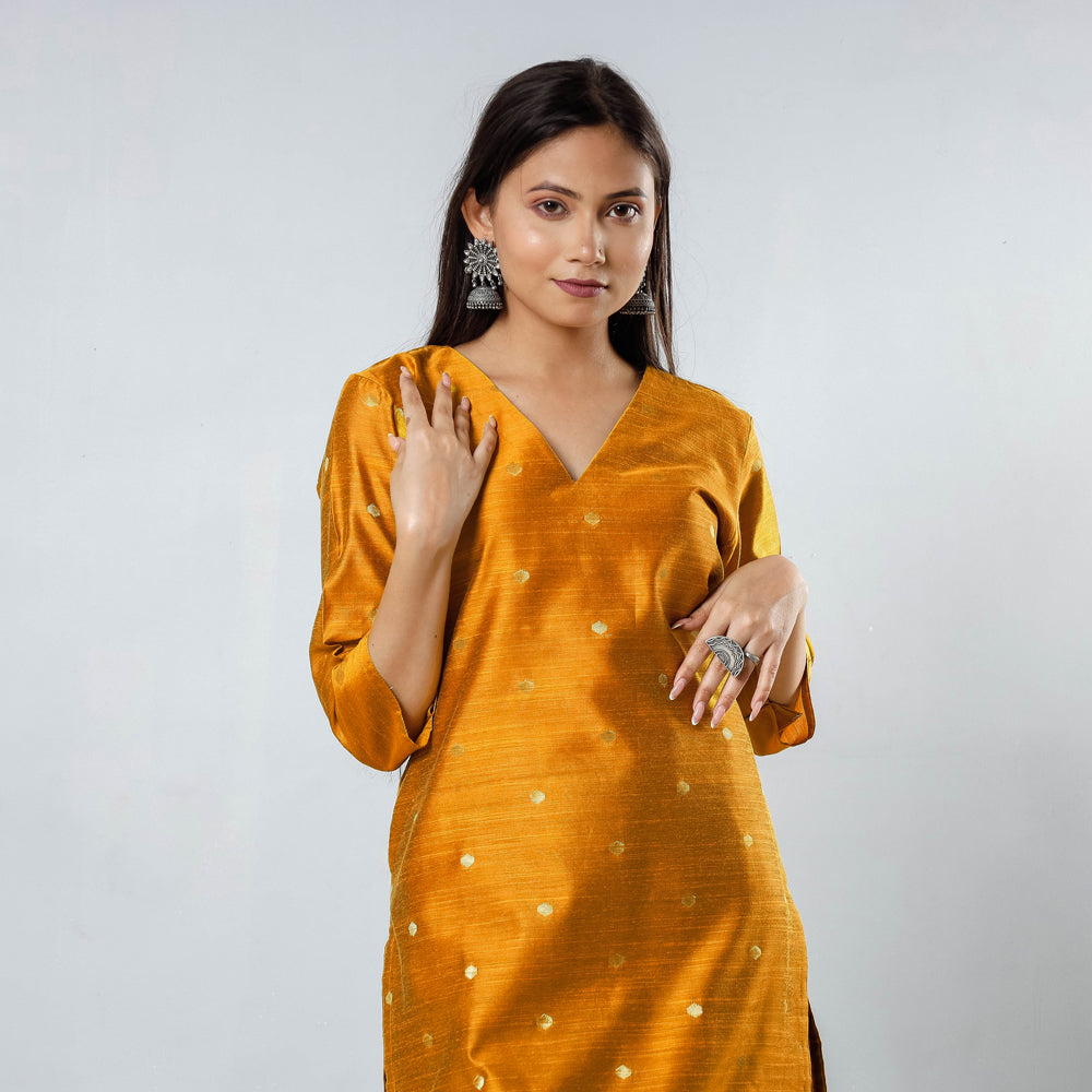 Polka Zari Butta Spun Dupion Silk Long Straight Kurta 03 Online at iTokri.com