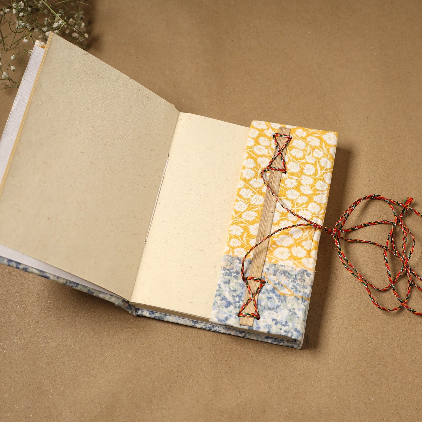 Printed fabric cover handmade paper notebook with thread