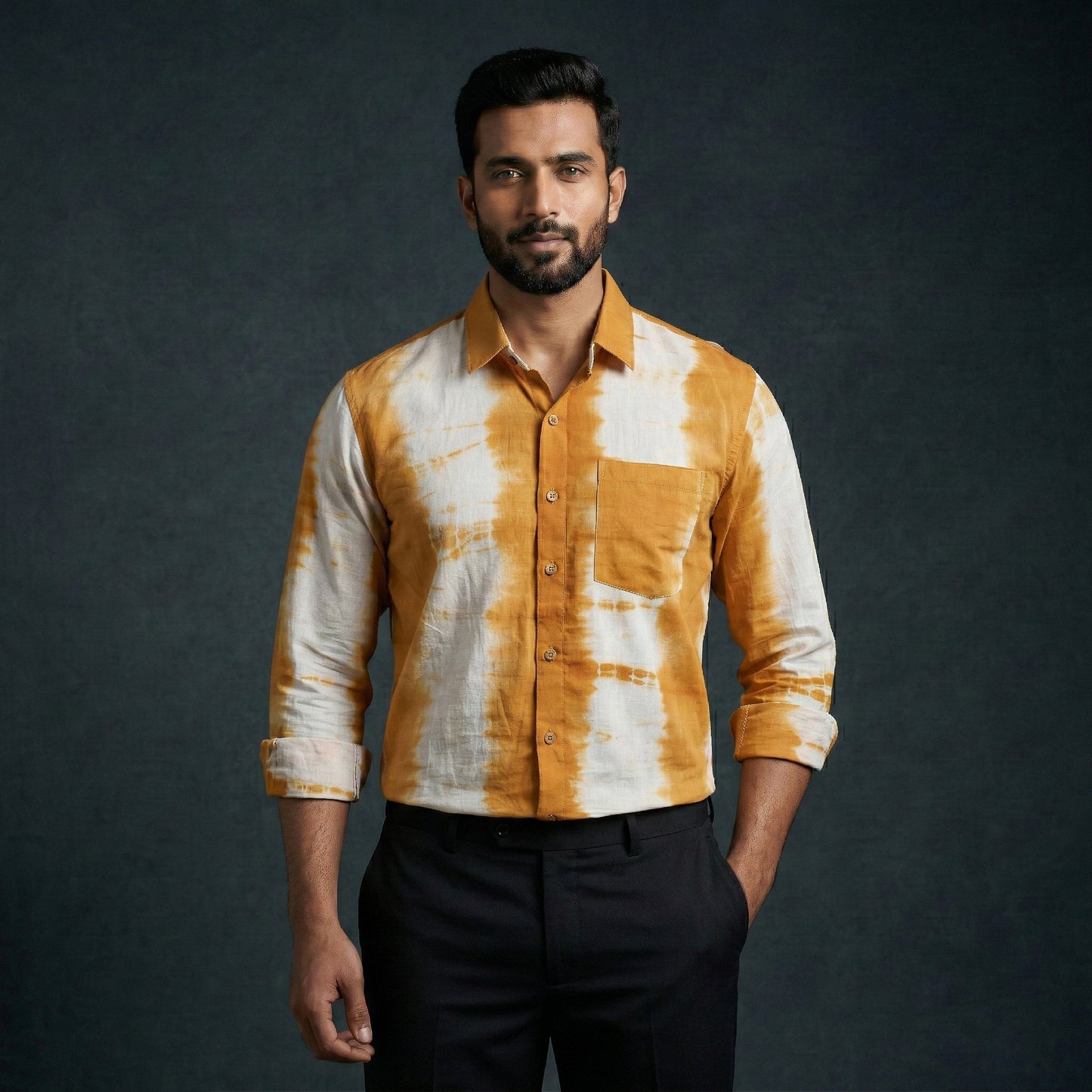 Yellow - pure cotton full sleeve tie-dye men shibori shirt