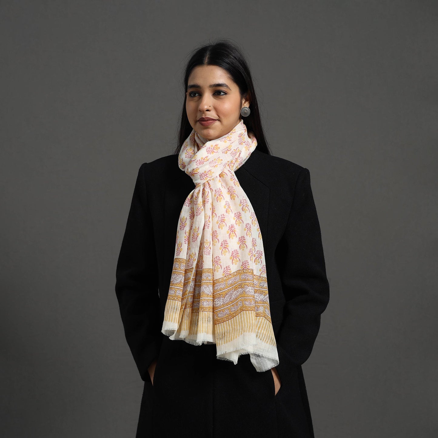 Yellow - pure wool sanganeri stole 11 - handcrafted