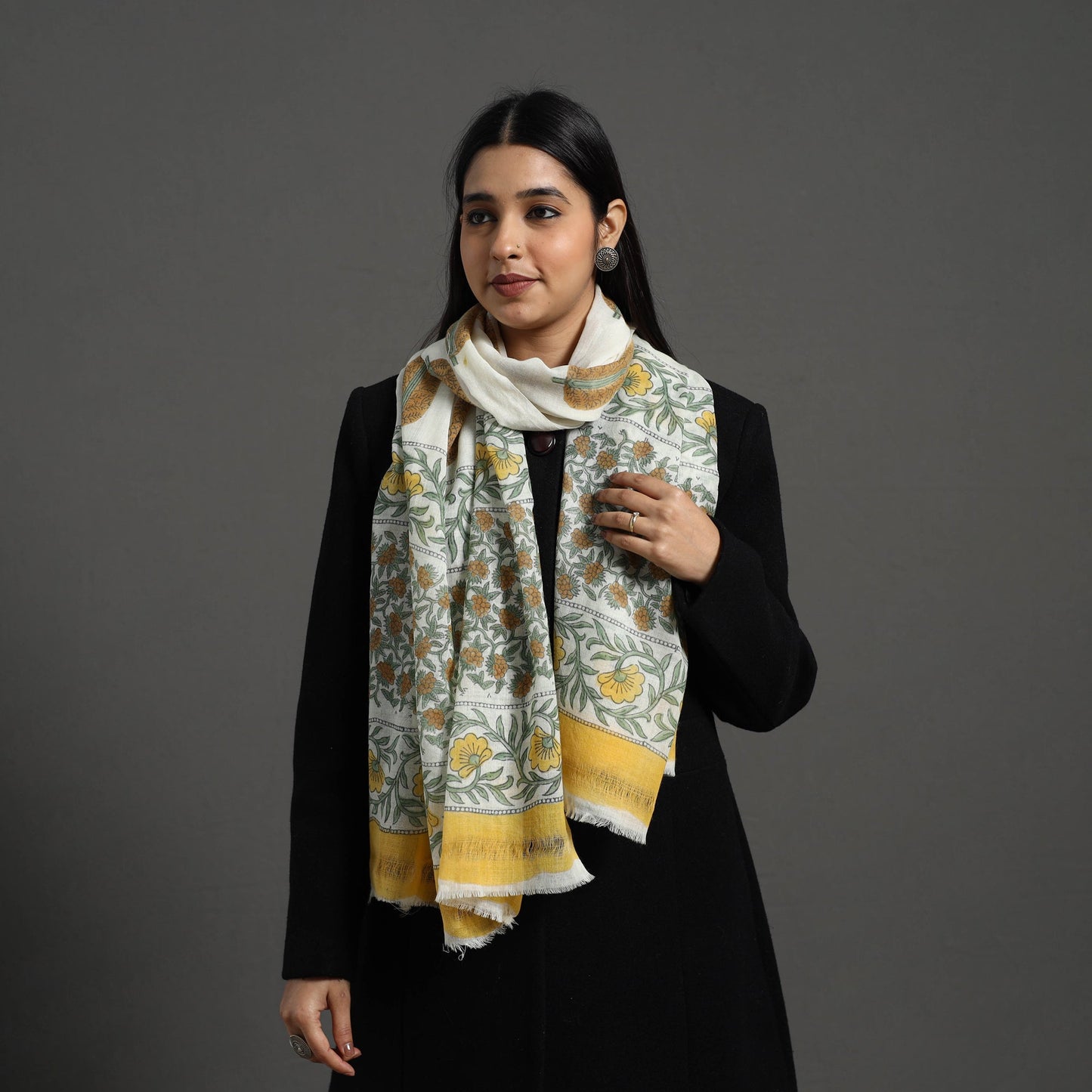 Yellow - pure wool sanganeri stole 47 - handcrafted