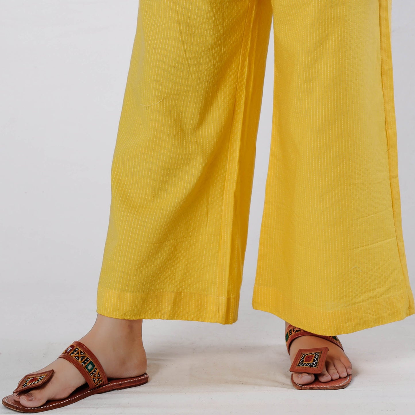 Yellow Running Stitch Cotton Palazzo by iTokri Casuals