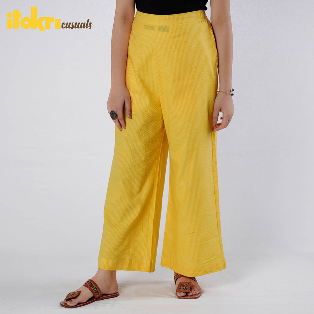 Yellow Running Stitch Cotton Palazzo by iTokri Casuals