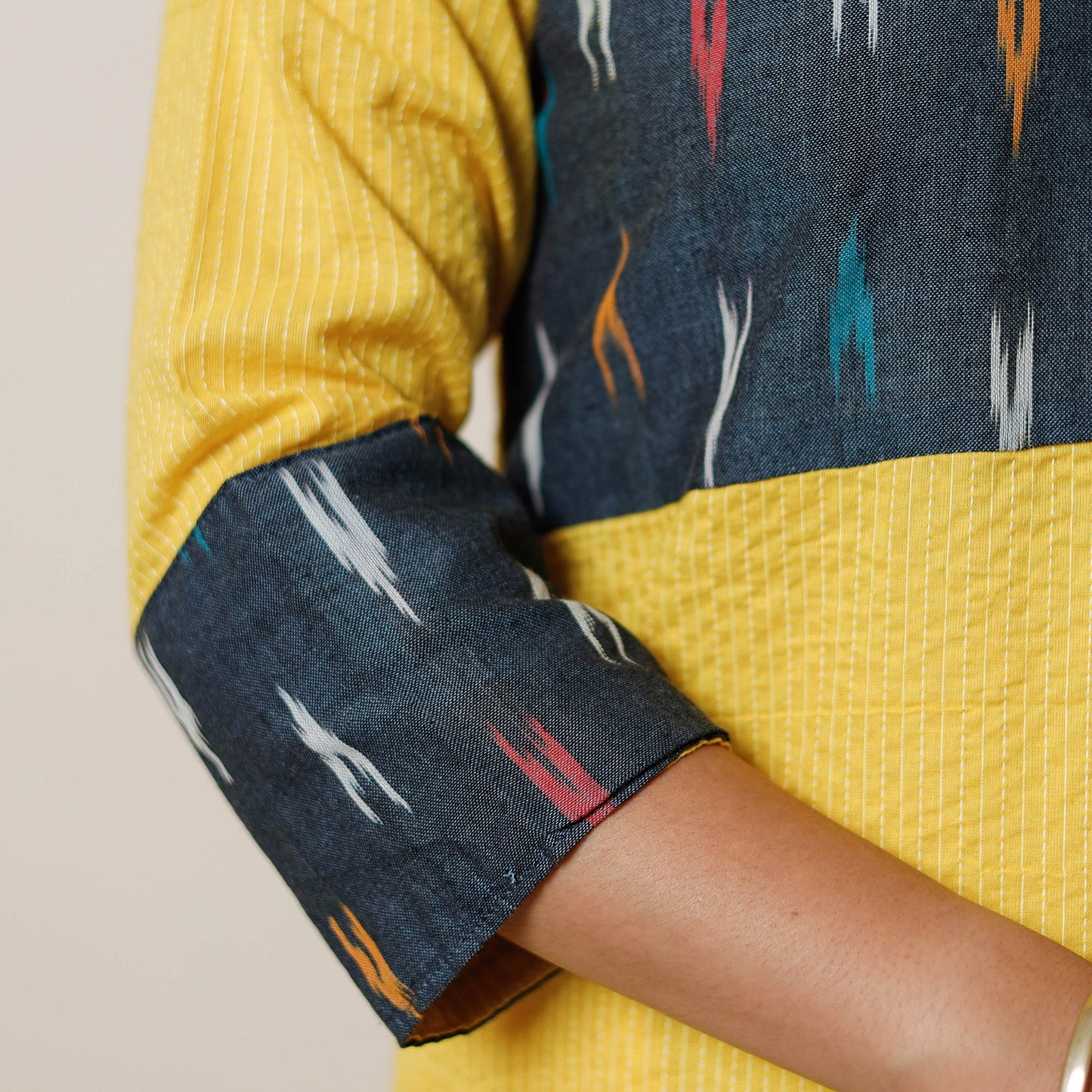 Buy Running Stitch Cotton Straight Kurta with Ikat Patchwork 07 Online at iTokri.com