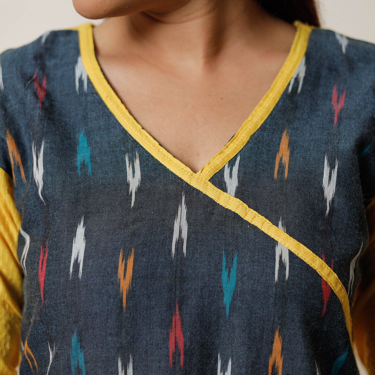 Buy Running Stitch Cotton Straight Kurta with Ikat Patchwork 07 Online at iTokri.com