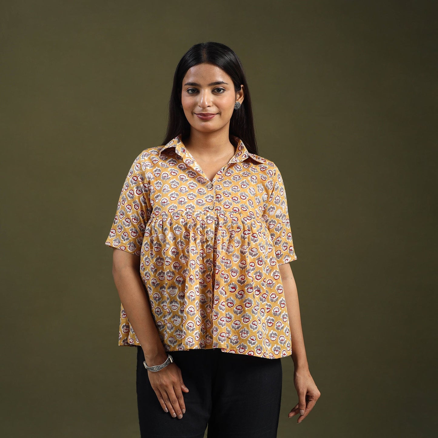 Buy Yellow Sanganeri Block Print Cotton Crop Top