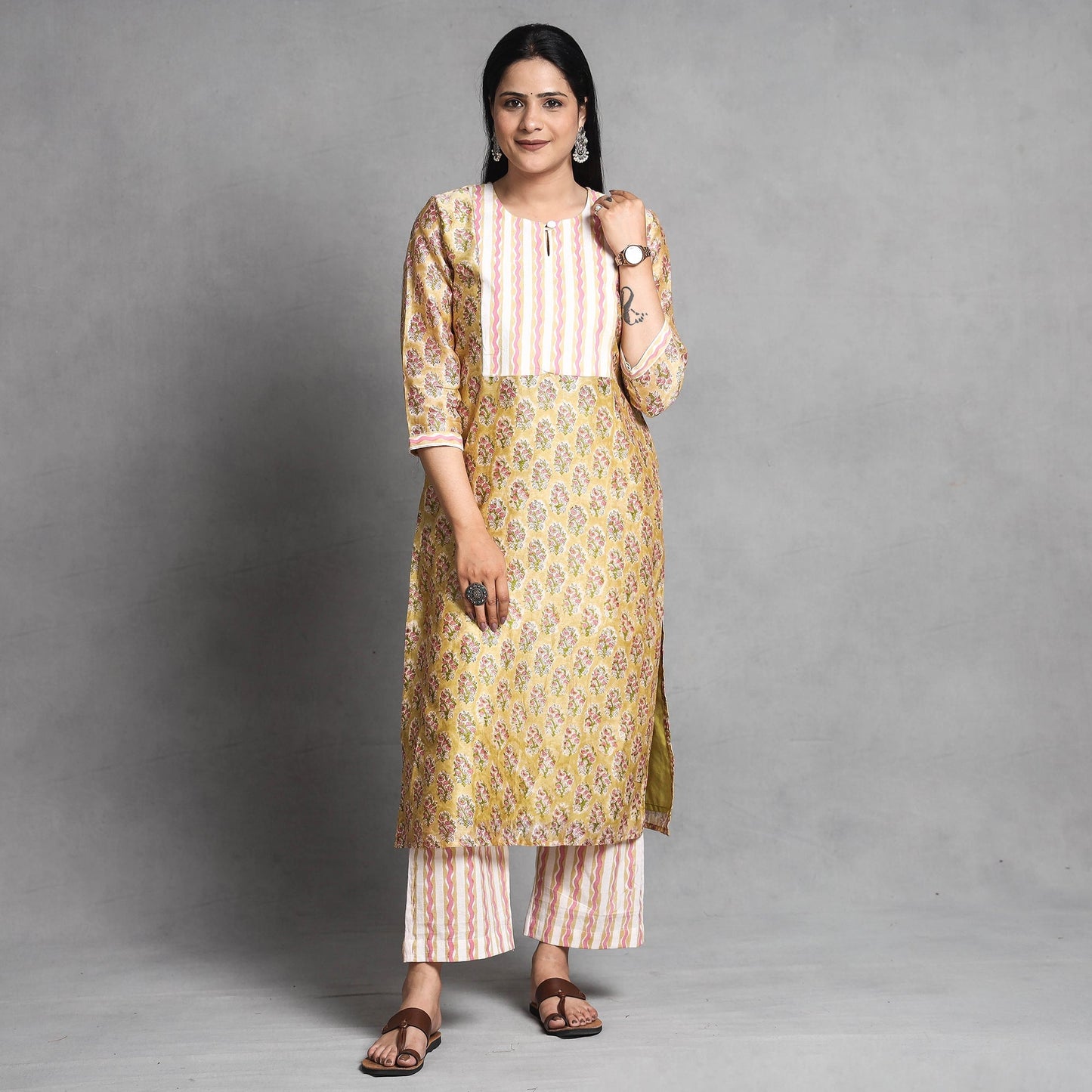 Sanganeri Block Printed Chanderi Silk Kurta with Palazzo & Dupatta Set