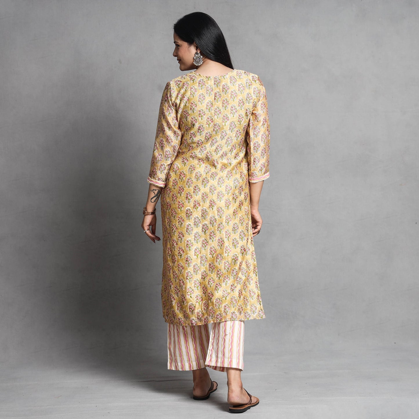 Sanganeri Block Printed Chanderi Silk Kurta with Palazzo & Dupatta Set