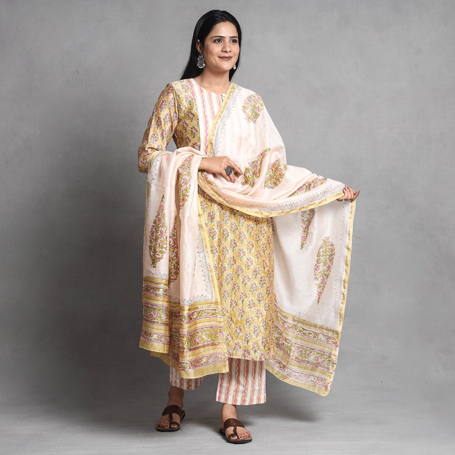 Sanganeri Block Printed Chanderi Silk Kurta with Palazzo & Dupatta Set